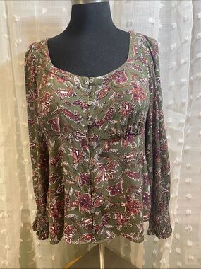 LOFT Olive Paisley Long-Sleeve Button Front Top with Burgundy and Cream  Size S